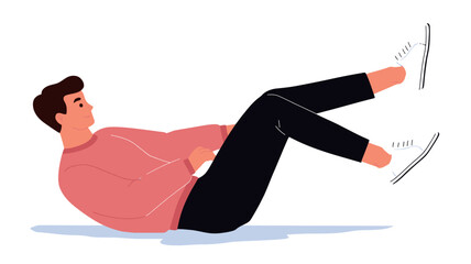 A vector illustration depicting a man lying on his back performing a crunch exercise. He is wearing a salmon-colored long-sleeved shirt and black pants. His legs are raised
