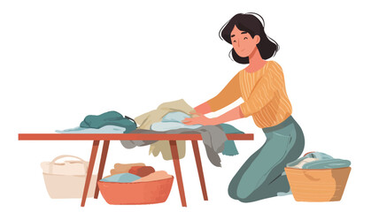 A vector illustration depicts a young woman with dark hair kneeling beside a simple wooden table or ironing board. She is folding laundry, and there are laundry baskets, one wicker and one fabric,