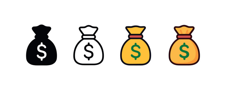 Vector icon casino money bag same pose same proportions four styles black solid glyph outline minimal flat multicolor filled cartoon flat shaded.