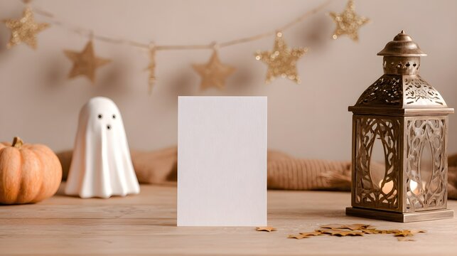 Halloween greeting card mockup with a pumpkin, a ghost, and a lantern on a wooden table. - Powered by Adobe