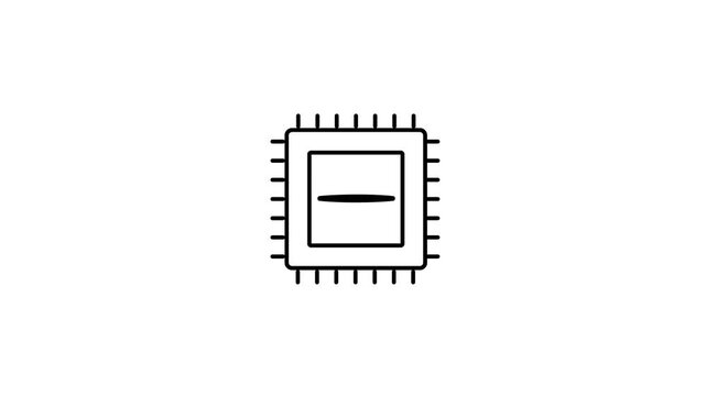 Black outline icon of a computer processor chip with pins on white background Keywords: processor, chip, CPU, microchip, computer, technology, electronic, circuit, component, hardware, symbol