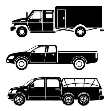A set of three black silhouette vector illustrations of various pickup trucks, including a six-wheeler and one with a trailer.