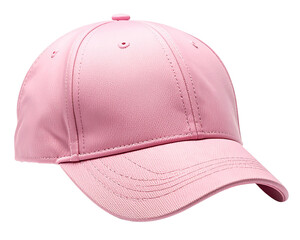 A soft pink baseball cap viewed from the front, curved brim slightly angled downward, 