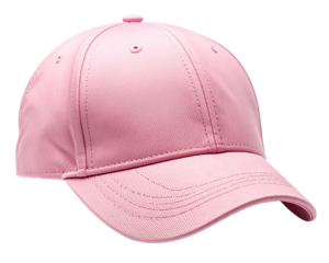 A soft pink baseball cap viewed from the front, curved brim slightly angled downward, 