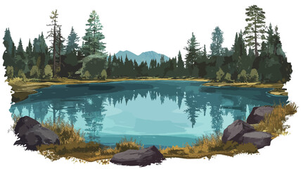 Digital painting of a serene mountain lake scene. The image depicts a calm body of blue water reflecting the surrounding forest and mountains. The lake is surrounded by dark green coniferous trees,