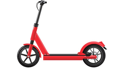 A studio shot of a red electric scooter viewed from the side. The scooter is predominantly red with black accents on the handlebars and wheels. It features a flat deck, relatively large wheels
