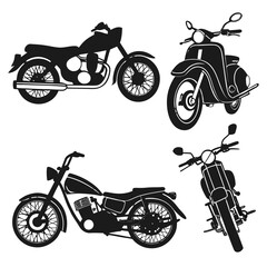 Obraz premium Collection of various motorcycle silhouettes, including a classic cruiser, scooter, and chopper designs.