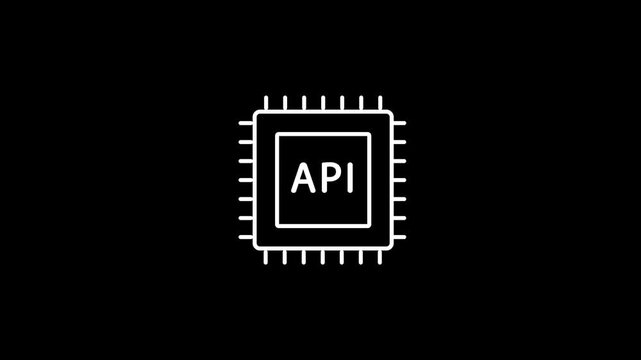 White API text inside a computer processor chip icon on black background Keywords: API, application programming interface, processor, chip, CPU, microchip, computer, technology, electronic