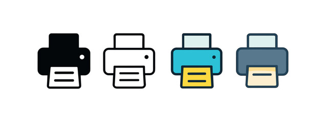 Vector icon office printer same pose same proportions four styles black solid glyph outline minimal flat multicolor filled cartoon flat shaded.