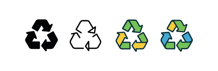 Vector icon ecology recycling arrows same pose same proportions four styles black solid glyph outline minimal flat multicolor filled cartoon flat shaded.