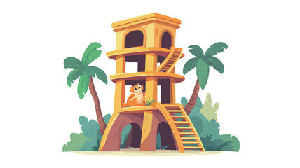 A digital illustration depicting a stylized yellow tower structure resembling a watchtower or observation post situated amidst tropical palm trees and lush greenery. A cat is visible inside one of