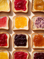Grid of toast slices with strawberry, lemon, guava, apricot, peach, and blueberry jams, viewed from above in soft light on ivory background