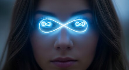 Woman with Infinity Symbol in Eyes, Focused, Powerful.