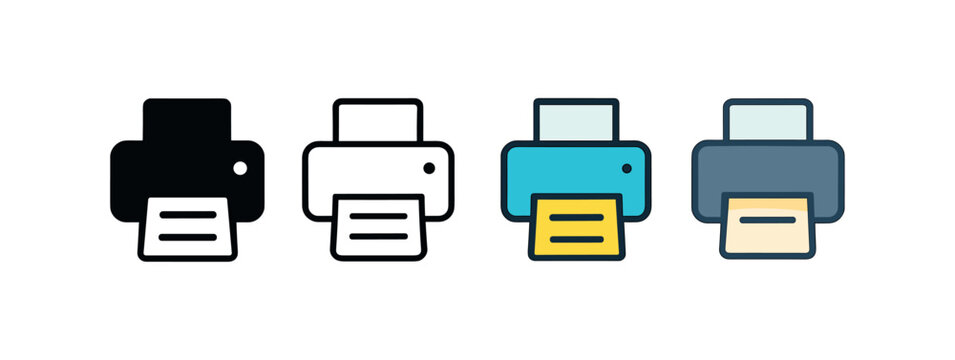 Vector icon office printer same pose same proportions four styles black solid glyph outline minimal flat multicolor filled cartoon flat shaded.