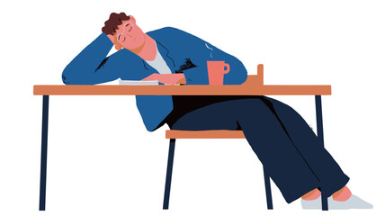 A vector illustration depicting a man in a blue blazer sitting at a wooden desk. He appears to be sleeping or resting his head on his arm. His posture is slumped.  A coffee cup and what appears to