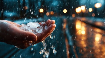 A hand embracing fallen ice crystals amidst rainy, atmospheric conditions captures the beauty of nature's contrasts, highlighting moments of reflection and connection with the elements.