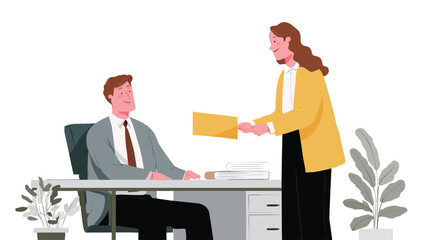 The illustration depicts a flat-design style image of a man and a woman in business attire in an office setting.  The woman, in a yellow jacket, is handing a yellow folder to a seated man in a grey