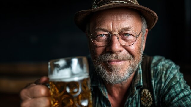 An elderly man enjoying a hearty cheer with a beer in hand radiates warmth and friendliness, capturing the essence of social gatherings and joyous moments with friends.