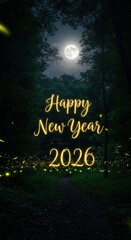 A nocturnal forest path under a full moon, illuminated by fireflies, showcases a happy new year 2026 greeting.