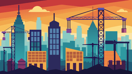 Obraz premium Vector art of vibrant illustration of a city skyline under construction at sunset, featuring cranes and various buildings in a colorful urban landscape