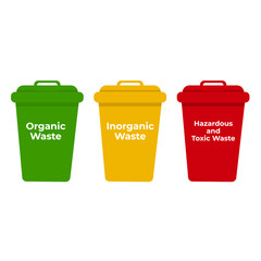 Multi-colored trash bins: organic, non-organic, paper, plastic, metal for effective waste separation, flat art design style.
