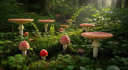 Forest Floor Mushrooms in Sunlight.