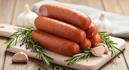 Delicious Cooked Sausages on Wooden Board.