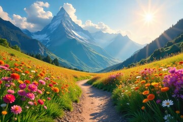 A sun-drenched path winds through vibrant wildflowers, leading towards a breathtaking mountain vista; a serene and ethereal landscape evokes a sense of peace and heavenly beauty , path, white