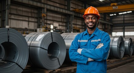 Smiling steel factory worker portrait in blue uniform and orange helmet