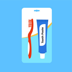 Red toothbrush and toothpaste in ready-to-sell packaging, supporting dental care and oral cleanliness, flat art design style.
