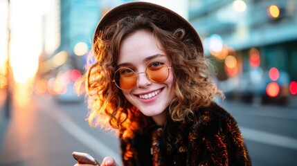 A joyful young woman with curly hair and stylish orange sunglasses smiles brightly in a vibrant urban setting during sunset, capturing the essence of happiness and fashion.