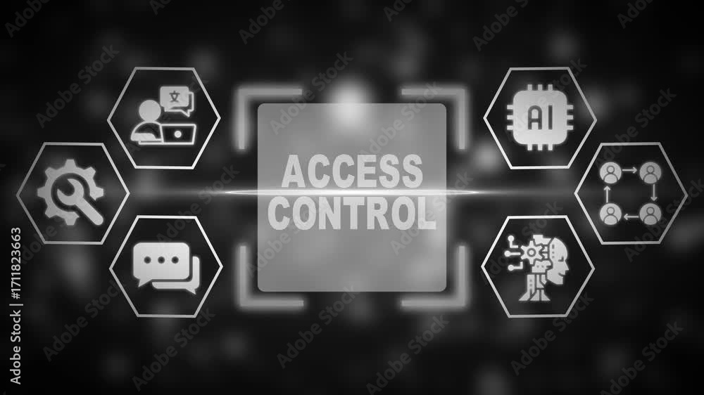 Poster access control concept with ai and network icons on blurred black and white background security auth
