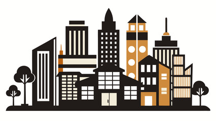 Obraz premium Vector art of cityscape illustration, featuring a variety of buildings, trees, and architectural styles in a modern, urban setting