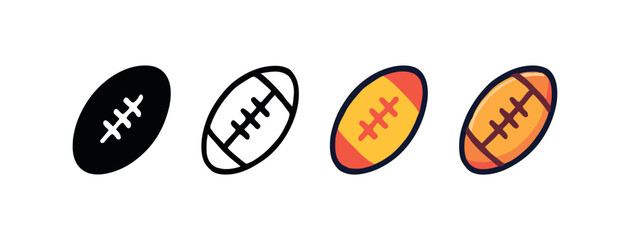 Fototapeta premium Vector icon sport rugby ball same pose same proportions four styles black solid glyph outline minimal flat multicolor filled cartoon flat shaded.