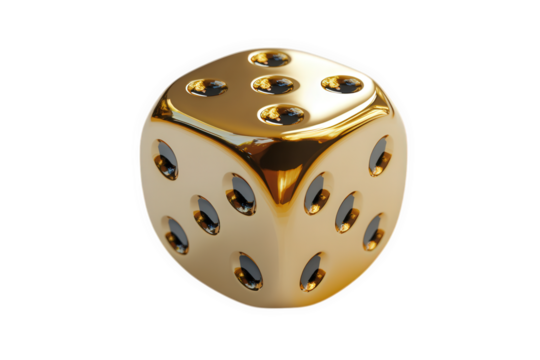 A gleaming gold die isolated on transparent background, reflecting light with its polished surface and contrasting black pips, embodying luxury and precision