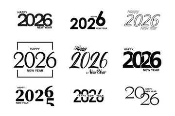 Happy new year 2026 vector illustration set in black and white. 
