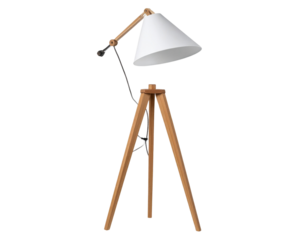 A contemporary white wooden standing lamp with an adjustable arm and cone-shaped shad 