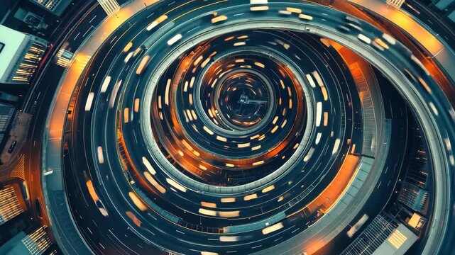Traffic moving in a spiral pattern on a modern ring road during twilight hours, Circle traffic automobile riding ring road modern city expressway highway infrastructure aerial view
