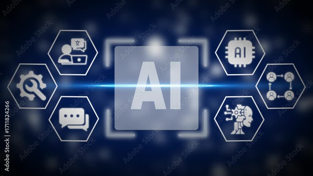 Poster artificial intelligence concept with ai and technology icons in blue digital innovation