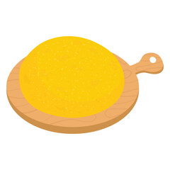 Mamaliga, Romanian Traditional Dish on a Round Wooden Cutting Board. Homecooked romanian polenta. Porridge from corn flour, vector icon illustration.