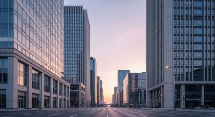 Empty city street lined with modern skyscrapers at dusk, with a soft glow of sunset illuminating the sky between buildings