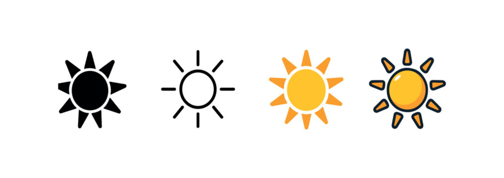 Vector icon weather sun shining same pose same proportions four styles black solid glyph outline minimal flat multicolor filled cartoon flat shaded.