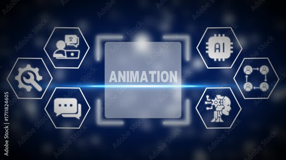 Poster animation concept with ai and technology icons in blue motion graphics digital
