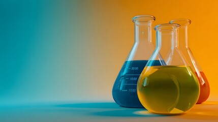 Laboratory glassware with colorful liquid on an orange and blue gradient background.