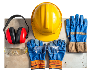 A flat lay arrangement of construction safety gear- yellow helmet, red earmuffs, clea 