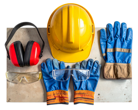 A flat lay arrangement of construction safety gear- yellow helmet, red earmuffs, clea