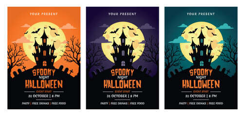 Spooky halloween night party flyer set, with different colors