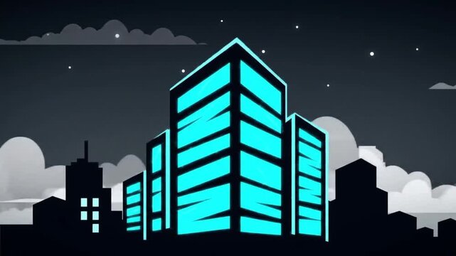 Futuristic cityscape at night with glowing teal buildings, silhouetted city skyline, clouds, stars, graphic, vector style illustration