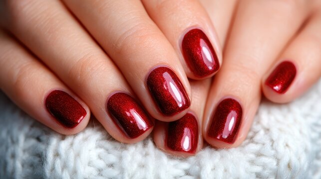 A close-up of impeccably manicured hands showcases a stunning red nail polish, highlighting beauty and personal care in a captivating and artistic composition.