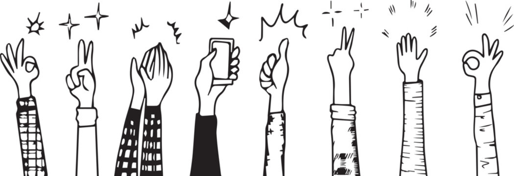 Hand drawn of hands clapping ovation. applause, thumbs up gesture on doodle style , vector illustration
